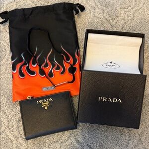 Prada Black Saffiano Leather Wallet with Orange Flame Dust Bag